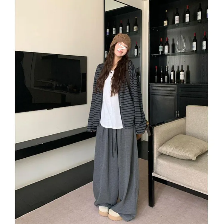 慵懒风条纹针织开衫外套女休闲百搭长袖外搭显瘦遮肉韩版宽松H6