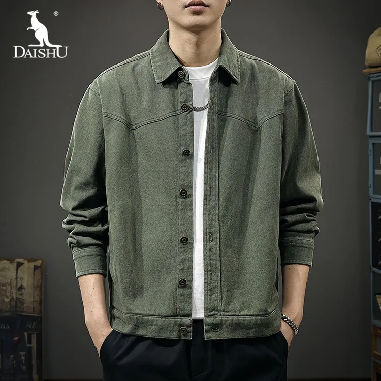 Dai Shu/袋鼠重磅纯棉斜纹水洗工装夹克男秋季痞帅翻领休闲外套
