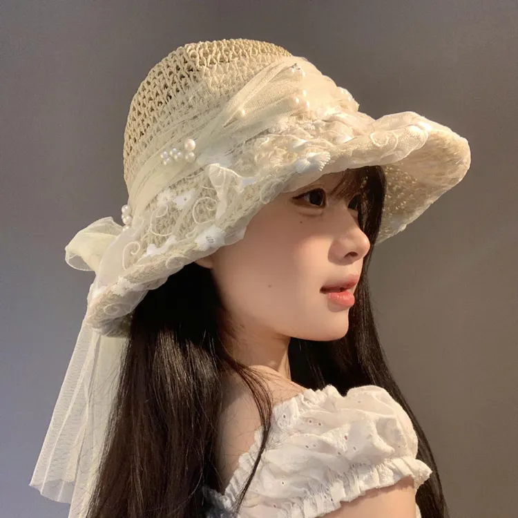 蕾丝珍珠蝴蝶结系带法式草帽女夏季海边度假风遮阳防晒帽渔夫帽子