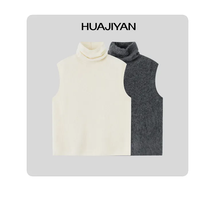 华吉言/HUAJIYAN【小企鹅】羊毛羊绒桑蚕丝混纺绒感无袖高领背心