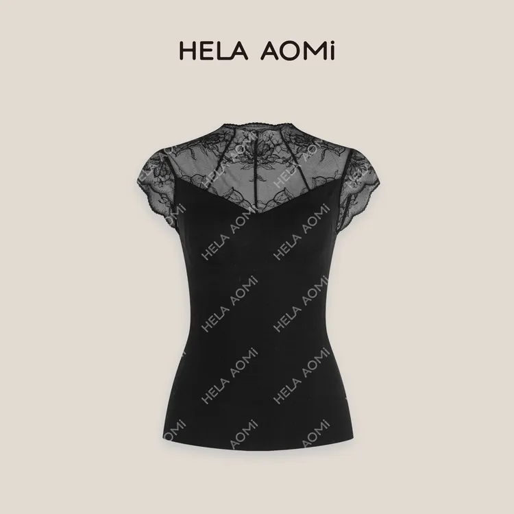 HELAAOMI“蕾丝打底”90.4%莱赛尔网纱拼接打底飞袖带胸垫背心