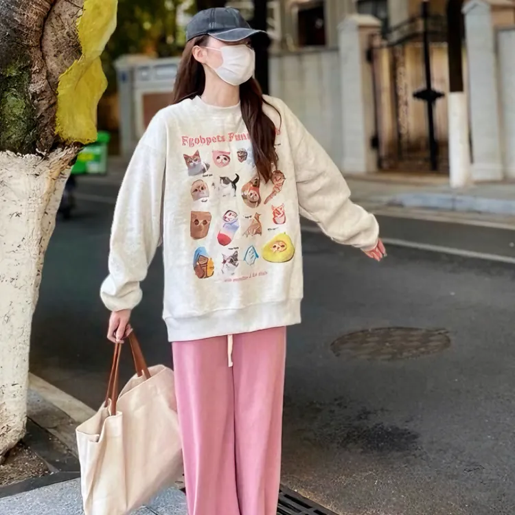 大码加绒美式卡通印花宽松加绒长袖卫衣秋冬打底情侣款