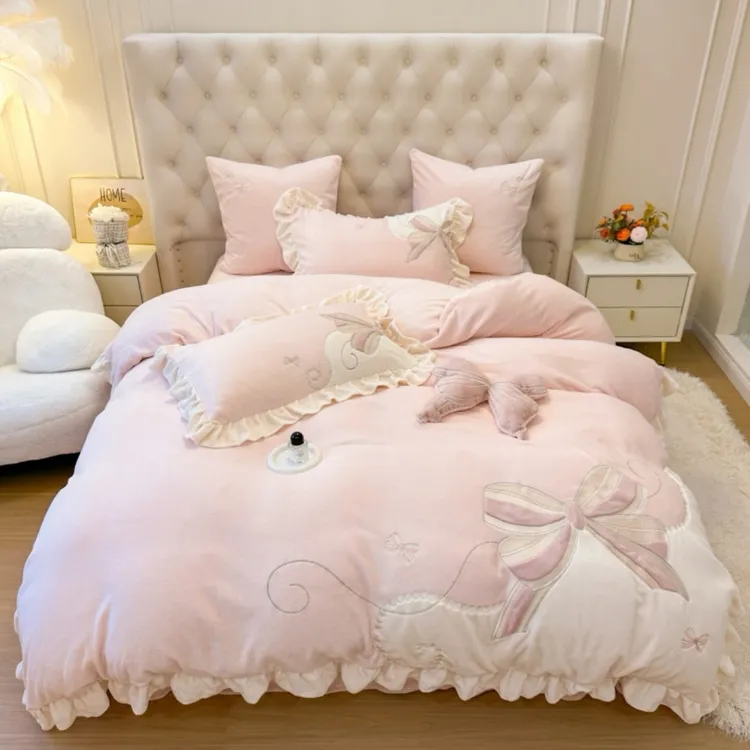  加厚高克重牛奶绒四件套三件套贴布绣卡通可爱风！