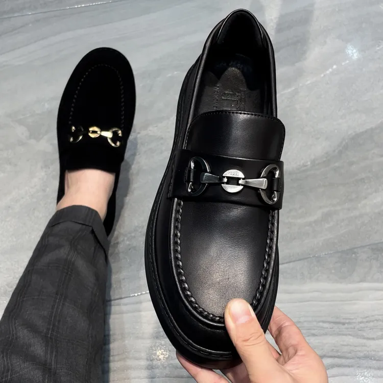 真皮男士休闲皮鞋增高一脚蹬乐福鞋时尚商务百搭牛皮厚底黑色