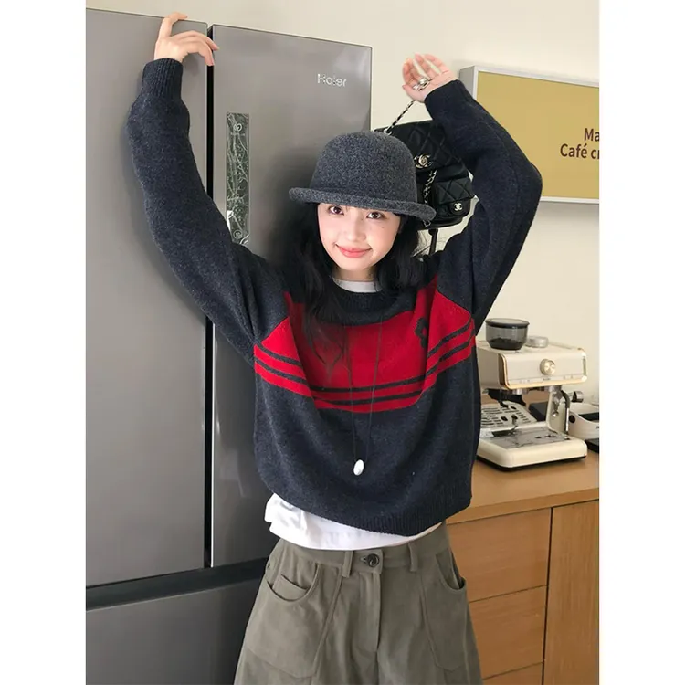 韩版百搭慵懒风撞色提花套头毛衣女早秋氛围感穿搭小众宽松针织衫