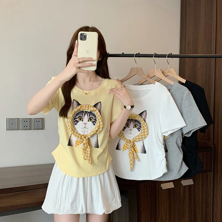 2025夏装新款胖mm大码女设计感休闲减龄猫咪正肩短袖T恤A1818