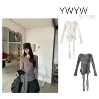 【YWYW25F/W】秋季不规则绑带透感镂空打底上衣5386