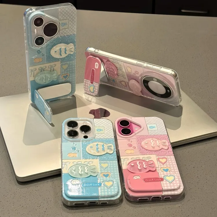蓝格小鱼镜子支架壳适用苹果13手机壳15/16pro华为oppo小米14vivo