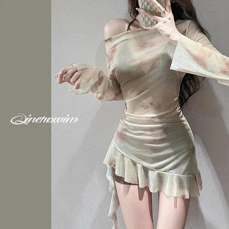 泳衣女款长袖三件套复古比基尼显瘦修身甜辣不规则裙式泡温泉泳衣