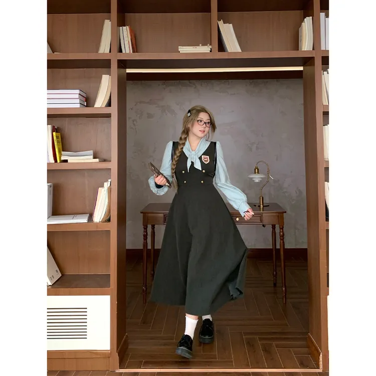 安妮不火【剑桥交换生】学院风TR西装料条纹拼接女连衣裙A253Q0529