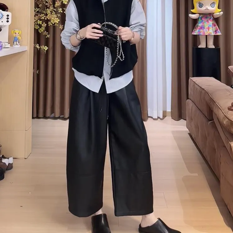 网红百搭通勤气质九分裤女撞色时尚显瘦直筒裤秋季黑色休闲阔腿裤