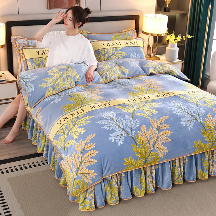 牛奶绒四件套加厚冬床上用品被套防静电不掉毛床裙双面绒新款印花