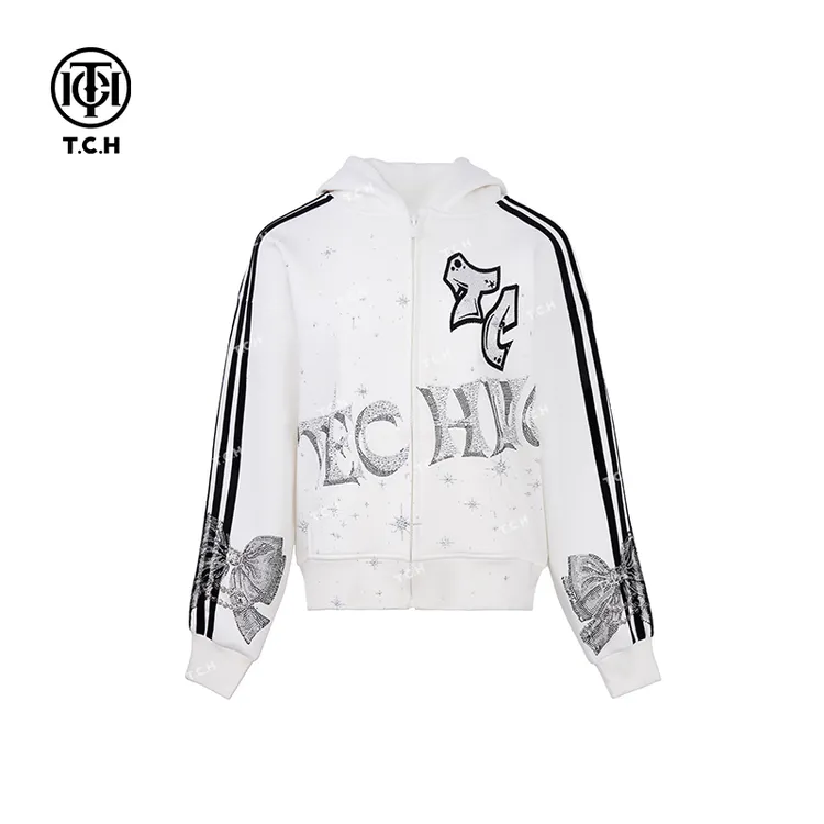 TCH烫钻工艺新款洋气连帽拉链衫短外套女T75A17E5002轻奢tch