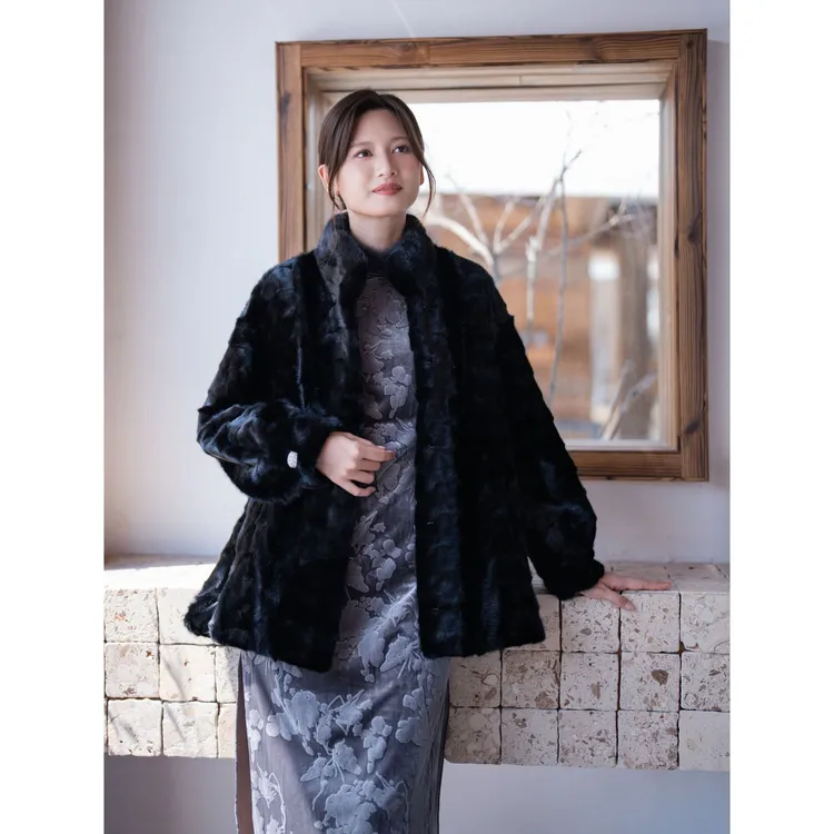 【2513】海宁高品质高货水貂大衣侧边开叉袖带钻气质中长款