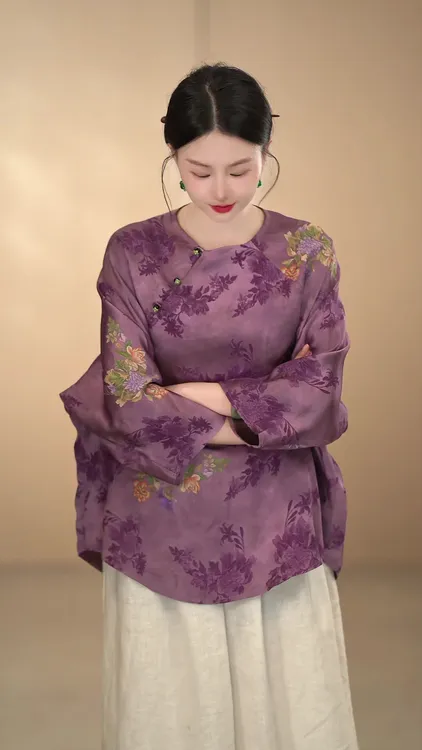 「月落乌啼」大喜庆民族风圆领斜襟宽松紫色上衣百搭洋气复古提花