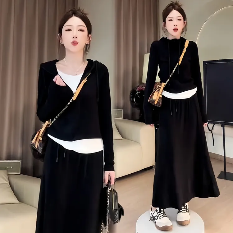 慵懒风休闲减龄套装女2025秋冬新款洋气百搭连帽上衣半身裙两件套