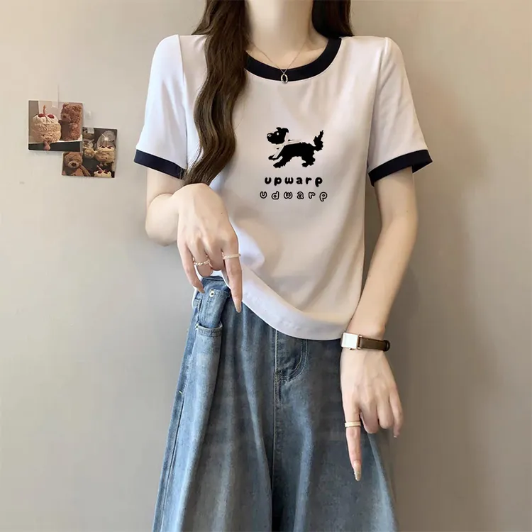 2025夏季新款圆领短袖t恤女设计感小众撞色打底衫减龄正肩上衣潮