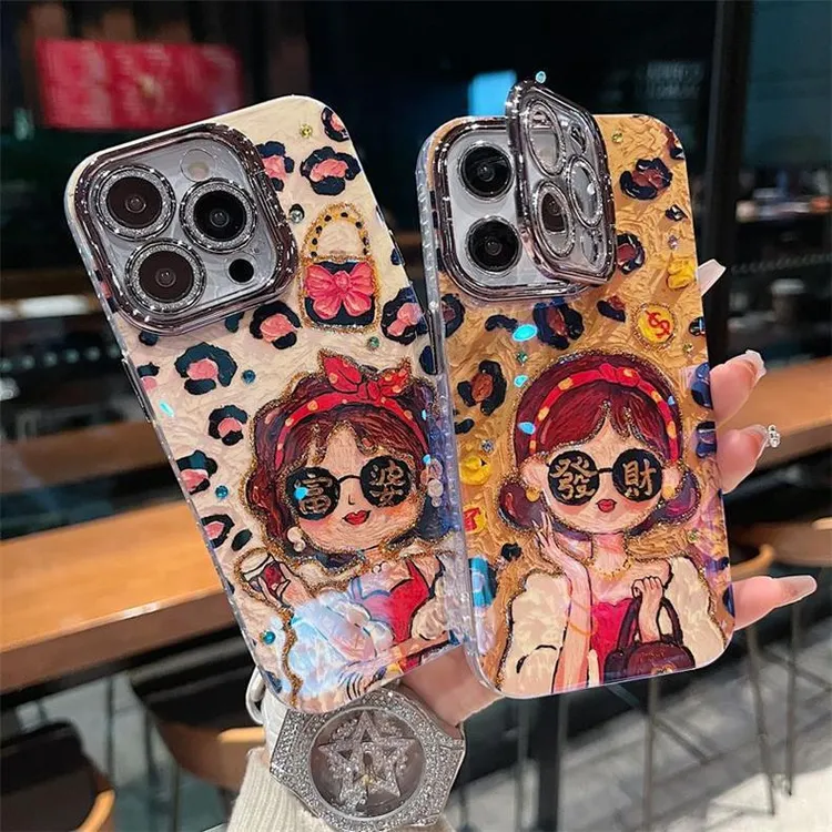 适用苹果系列iphone16新款手机壳豹纹富婆全包闪粉镜头膜隐形支架