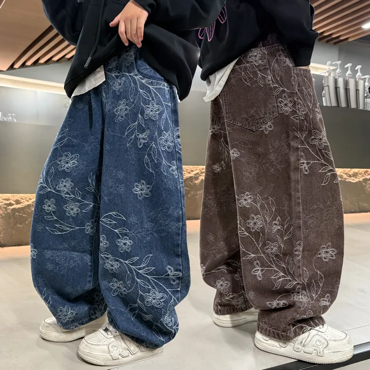 【秋款上新】儿童牛仔弯刀裤中大童提花碎花时髦痞帅男女童宽松裤子