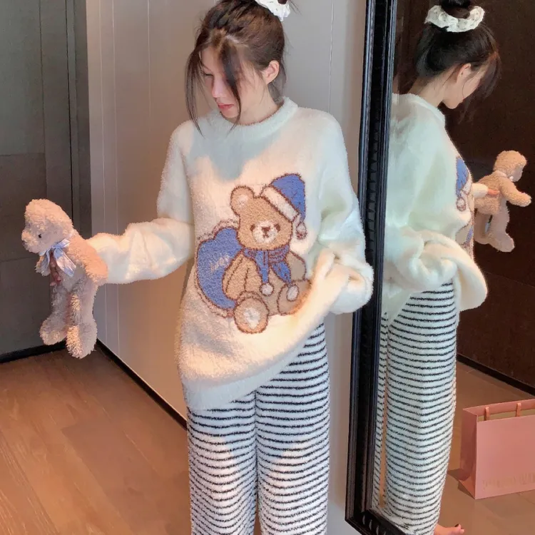 韩版带帽爱心小熊半边绒睡衣女秋冬季加厚保暖可外穿家居服ALE