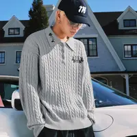 MEDM 扣子毛线毛衣玫瑰刺绣休闲长袖polo衫美式慵懒风情侣上衣秋