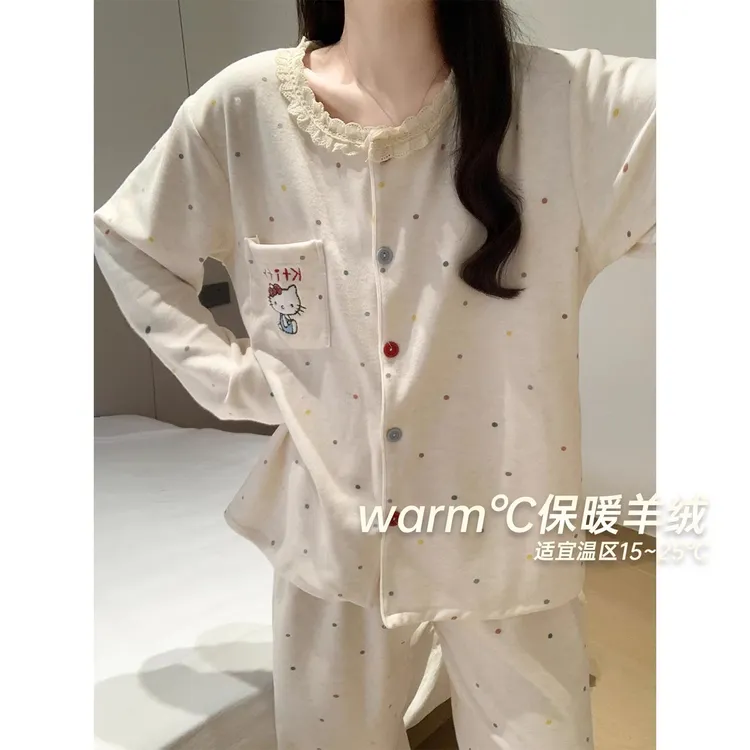 凯蒂猫薄绒睡衣女冬季德绒卡通kitty小个子长袖可外穿家居服套装