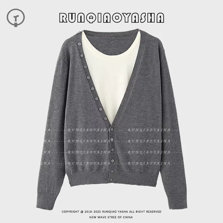 【润桥雅莎】韩系撞色V领假两件针织衫毛衣女薄款早秋穿搭上衣Q1316