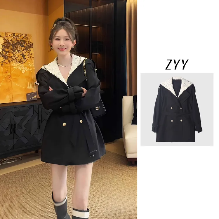 ZYY【鲁本斯假】2025S/S新品脱卸钩花连帽收腰系带风衣X25QFY03667
