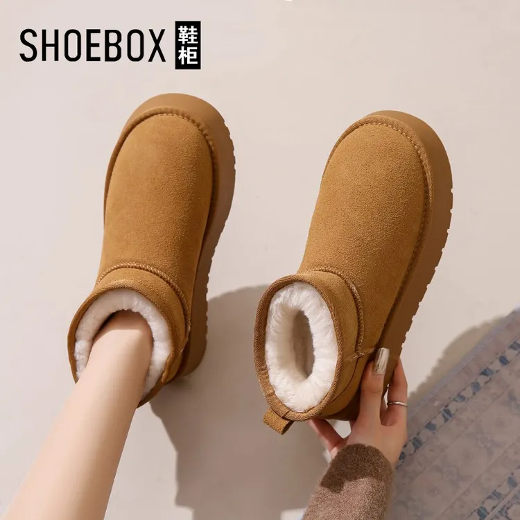 达芙妮集团旗下SHOEBOX鞋柜防水雪地靴女明星同款保暖加厚绒棉鞋
