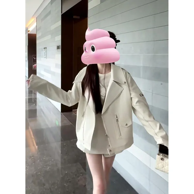 2025春季新款美式复古设计感花卉印花皮衣外套女宽松休闲夹克外套