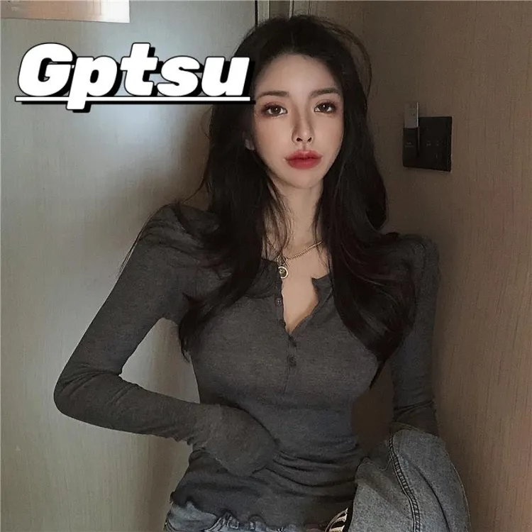 GPTSu辣妹心机木耳半开领钮扣面膜恤长袖秋冬新款修身打底衫上衣