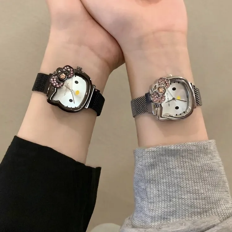 【猫咪】KT可爱亚文化镶砖石英卡通金属网带磁吸扣手表
