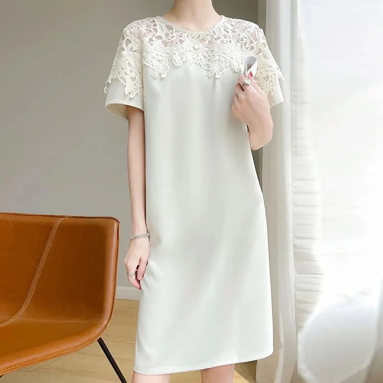夏季宽松连衣裙大码复古蕾丝气质白色时尚性感薄款女装连衣裙女士
