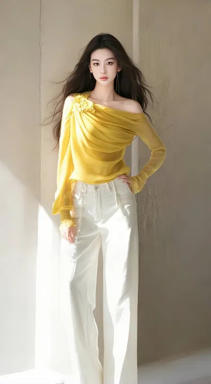 黄色斜肩打底衫t恤女2025夏季新款独特韩系气质上衣白裤子套装
