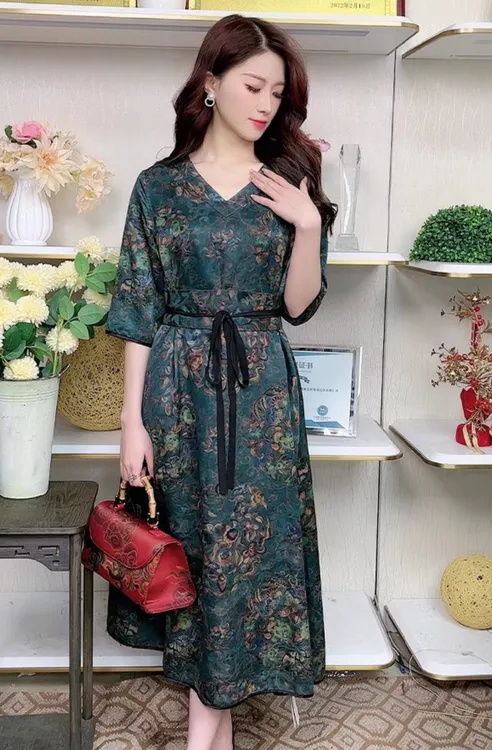 K031夏季新款复古印花花萝云纱双面穿显瘦气质连衣裙
