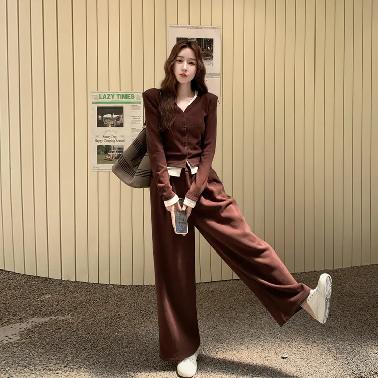 美拉德撞色慵懒风套装裤2025春秋新款小众通勤ins风设计感两件套