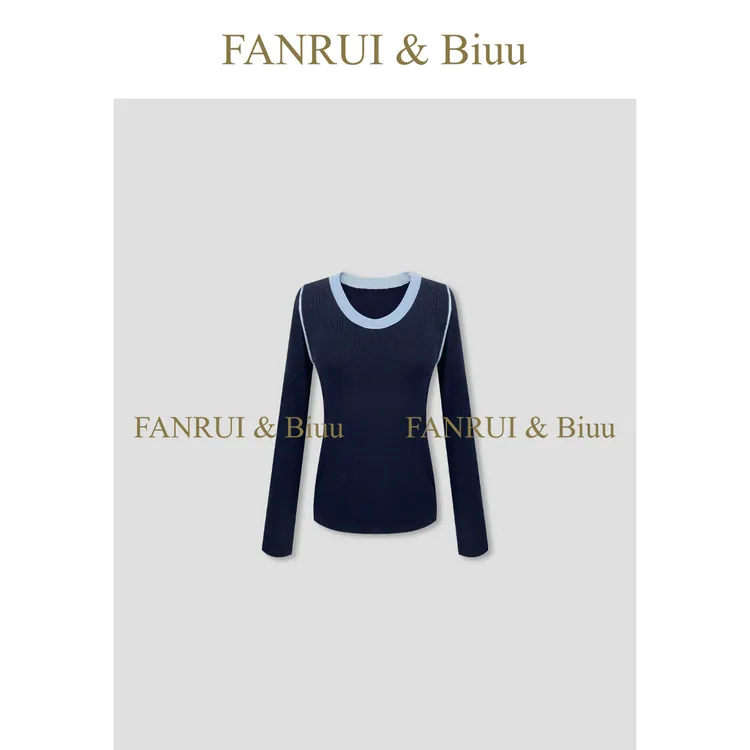 FANRUI/泛芮「贝贝biuu」羊毛混纺拼色线条洋气显瘦针织衫女B17742