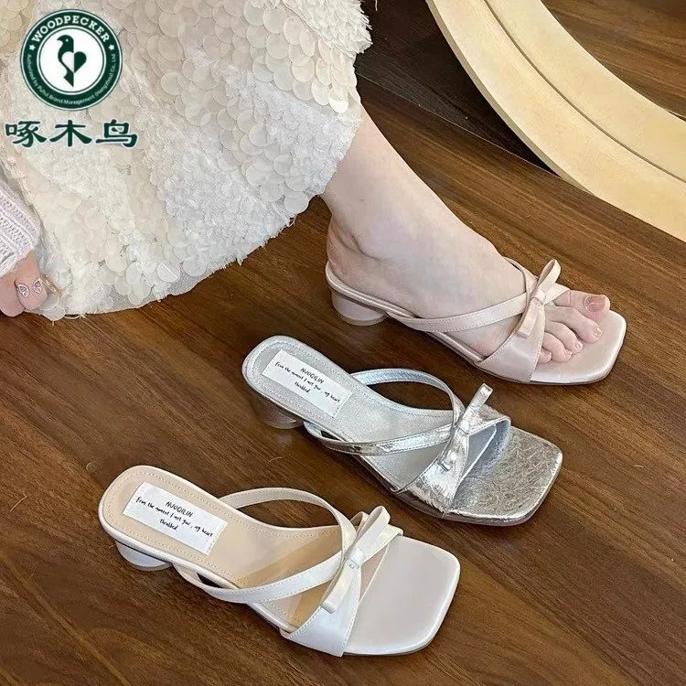 啄木鸟拖鞋蝴蝶结裙子凉拖法式夏季新款一字鞋子女ins潮牌百搭