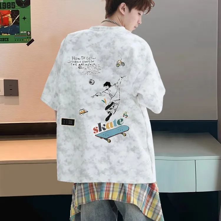 潮牌扎染全棉短袖t恤男生宽松上衣美式港风设计感学生情侣装半袖