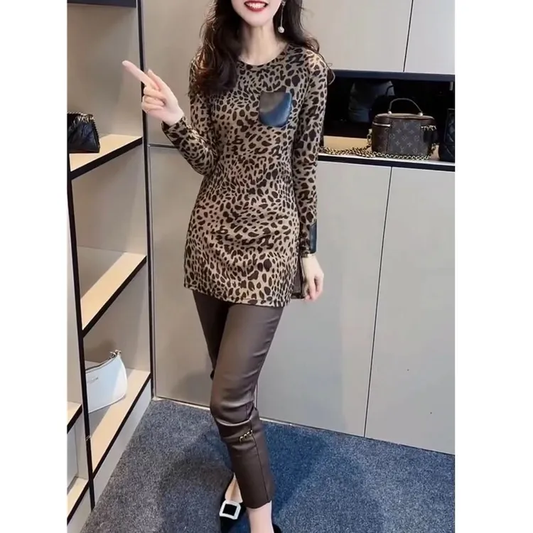 春季新款豹纹开叉T恤女修身打底小脚裤时尚潮