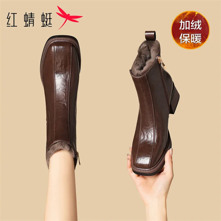 红蜻蜓加绒保暖雪地靴女2025冬季新款复古百搭棕色短靴切尔西靴子