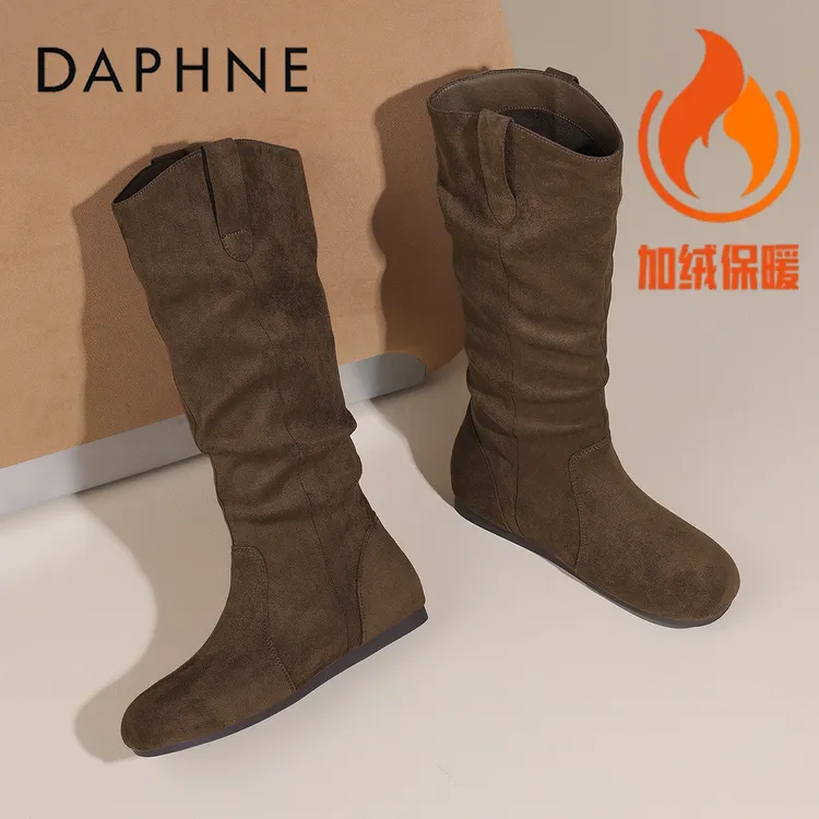 达芙妮复古长筒堆堆靴女冬季爆款绒面加绒保暖高筒靴平底休闲靴子