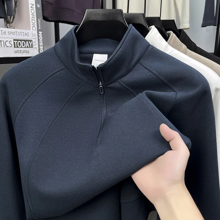 男士轻奢秋季新款半拉链卫衣中年商务休闲刺绣长袖T恤半高领上衣