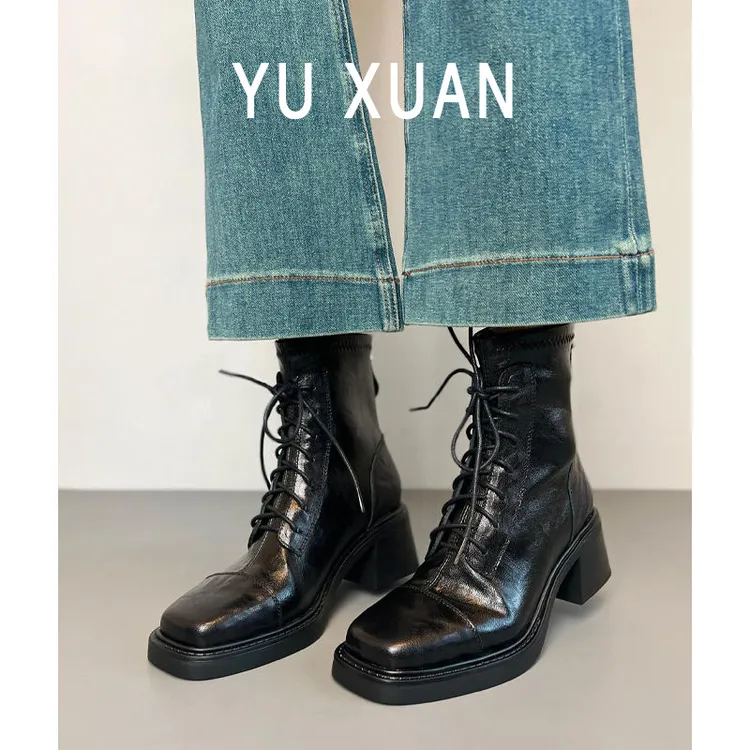 超软小羊皮~静音底方头高跟短靴女粗跟瘦瘦靴百搭显瘦新款马丁靴