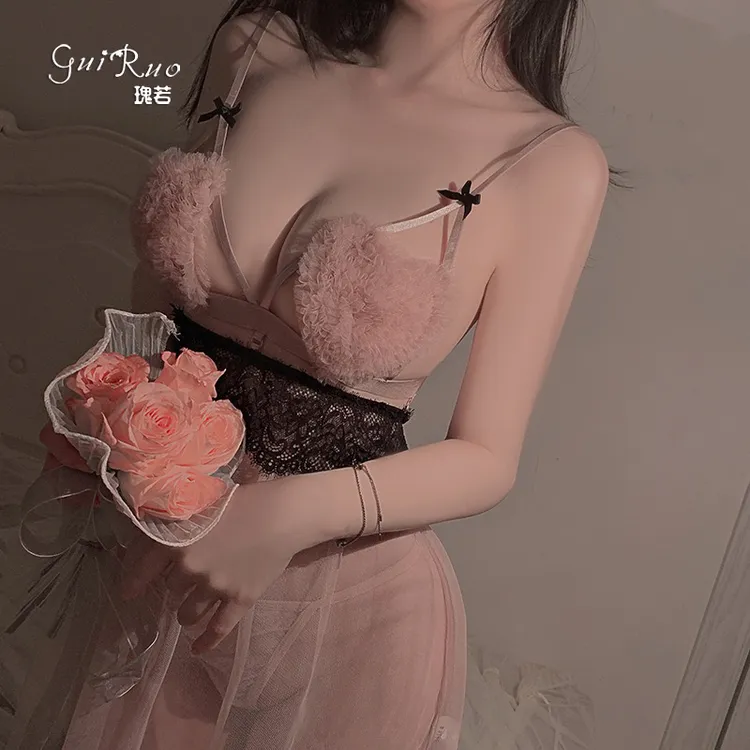 【睡裙】性感网纱爱心毛茸茸镂空睡裙