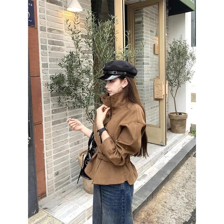 美拉德复古棕色麂皮收腰短外套女秋季韩系独特好看高级感显瘦风衣