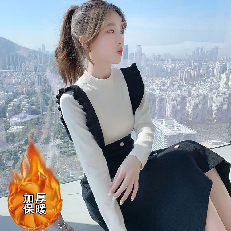 针织连衣裙女2025秋冬新款减龄修身显瘦气质小个子假两件毛衣长裙