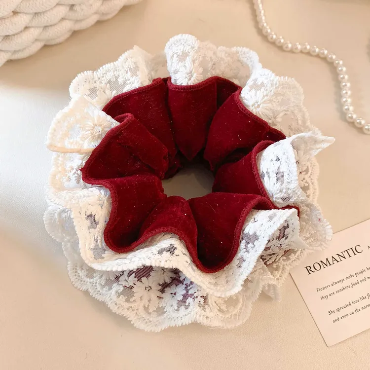 气质红色丝绒蕾丝双层大肠发圈女高级感优雅新年头饰发绳扎头超大