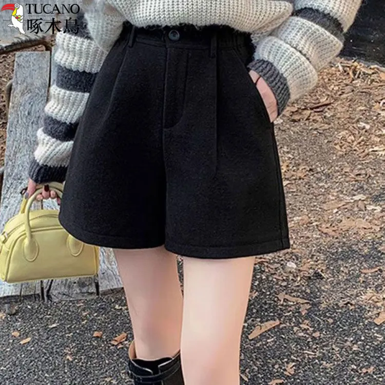 啄木鸟黑色毛呢短裤女款秋冬新款高腰显瘦外穿短裤秋冬外穿裤子
