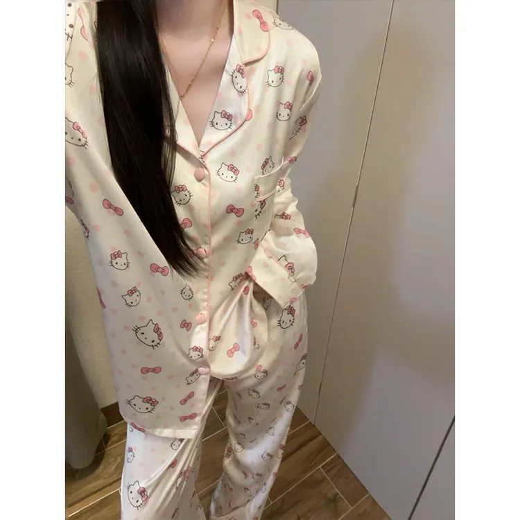 【韩版Kitty】甜美印花睡衣女春秋季新款长袖长裤家居服套装可外穿